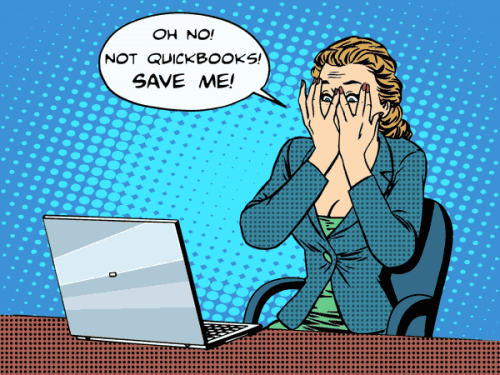 shocked woman at computer asking to save her from Quickbooks