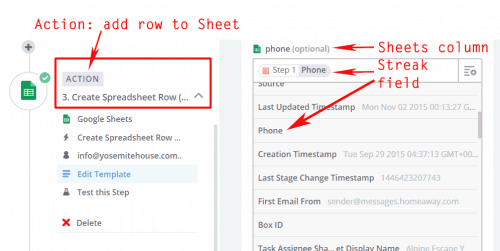 Map the Streak fields to the Sheets columns